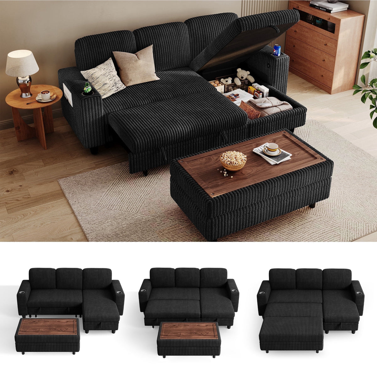LINSY HOME 3 Seaterss Sectional Couches for Living Room, Sofa Bed with Storage Seat, Pull Out Couch Bed with Storage Ottoman, Black