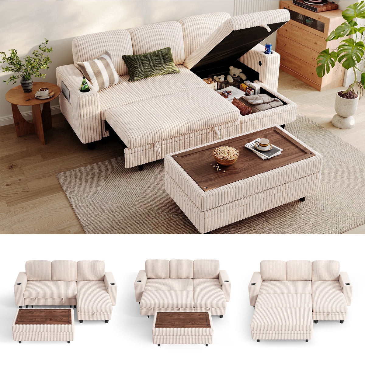 LINSY HOME 3 Seaters Sectional Couches for Living Room, Sofa Bed with Storage Seat, Pull Out Couch Bed with Storage Ottoman, Beige