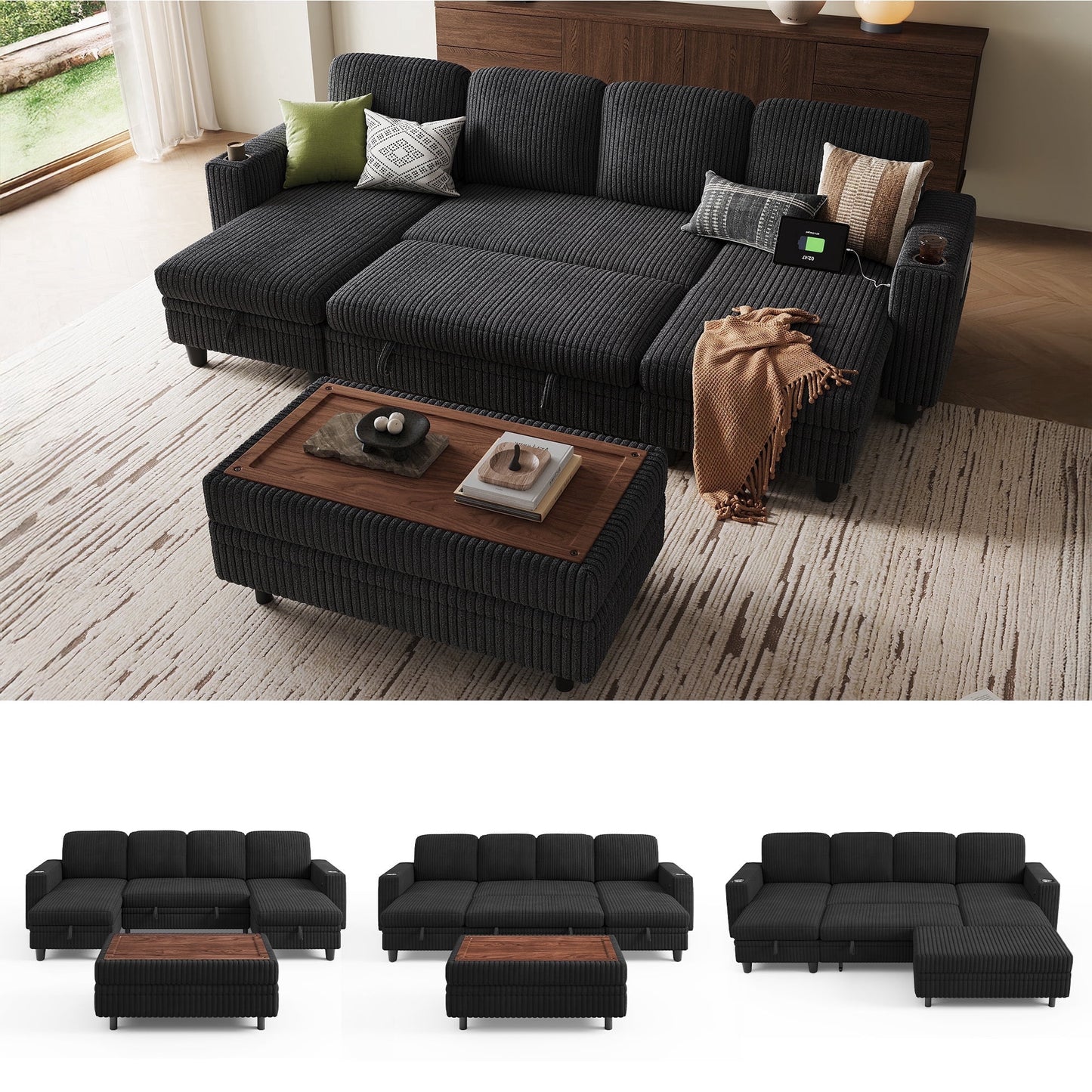 LINSY HOME Modular Sectional Sofa Bed with Storage Seat, Pull Out Couch Bed with Storage Ottoman, Sectional Couches for Living Room, Black