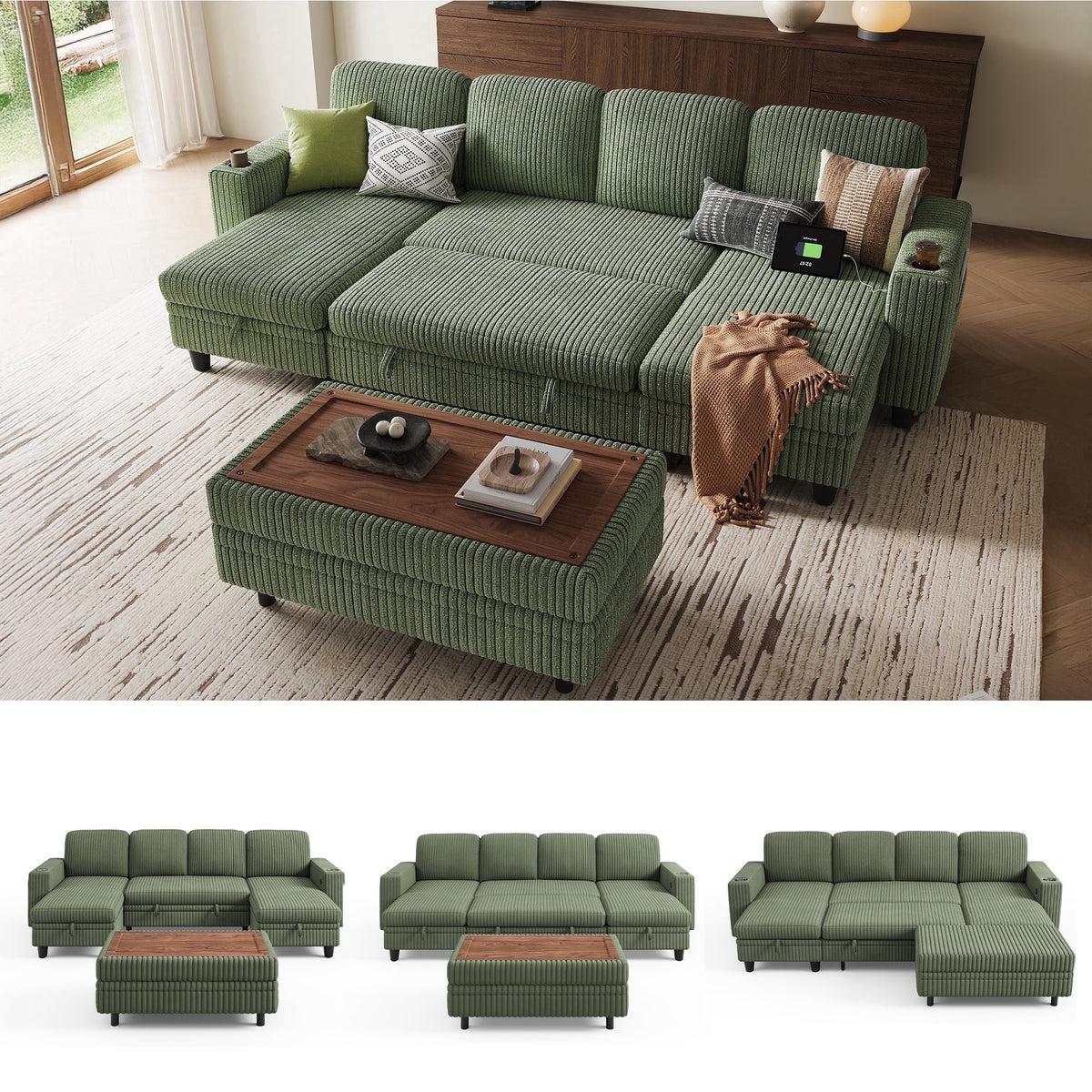 LINSY HOME 4 Seaters Sleeper Sofa Bed with Storage Seat, Pull Out Couch Bed with Storage Ottoman, Sectional Couches for Living Room, Dark Green