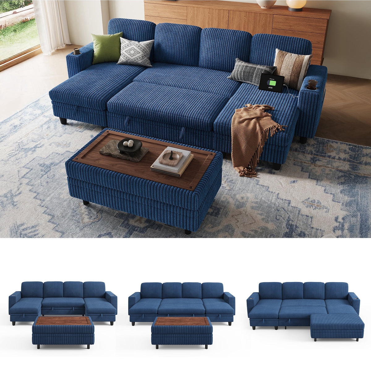 LINSY HOME 4 Seaterss Sleeper Sofa Bed with Storage Seat, Pull Out Couch Bed with Storage Ottoman, Sectional Couches for Living Room, Dark Blue