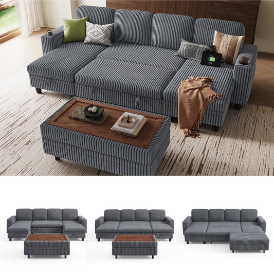 LINSY HOME Modular Sectional Sofa with Storage Seat, Pull Out Couch Bed with Storage Ottoman, Sectional Couches for Living Room, Dark Gray