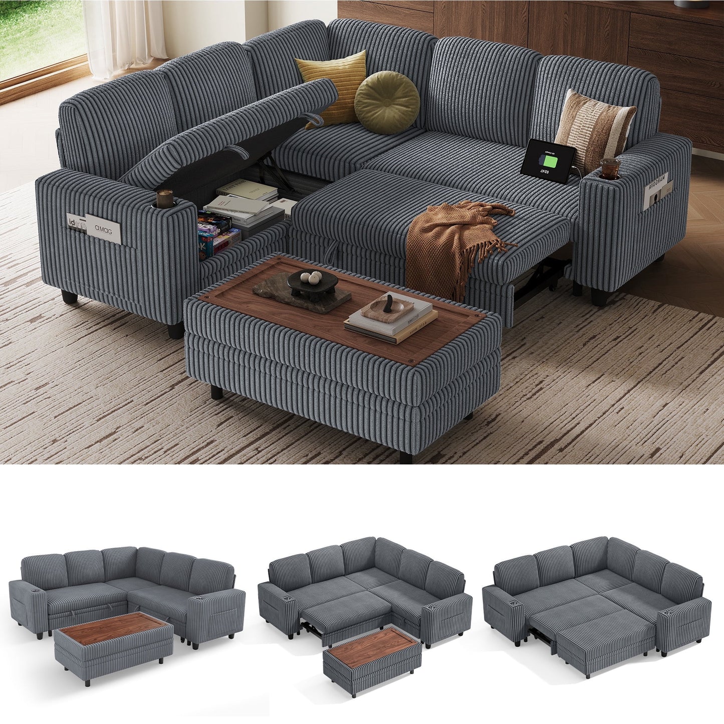 LINSY HOME 5 Seaters Sleeper Sofa Bed, Pull Out Couch Bed with Storage Ottoman, Sectional Couches for Living Room, Dark Grey