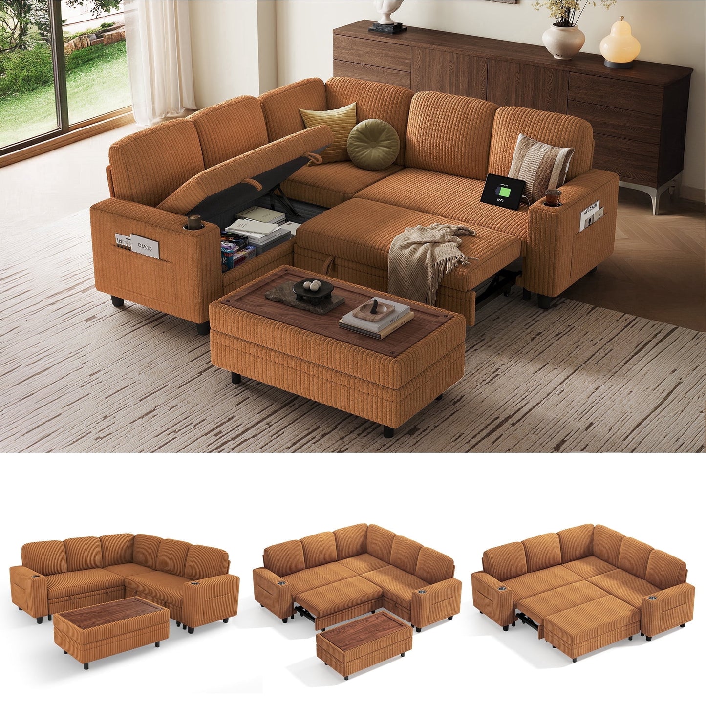 LINSY HOME Modular Sectional Sofa Bed, Pull Out Couch Bed with Storage Ottoman, Sectional Couches for Living Room, Brown