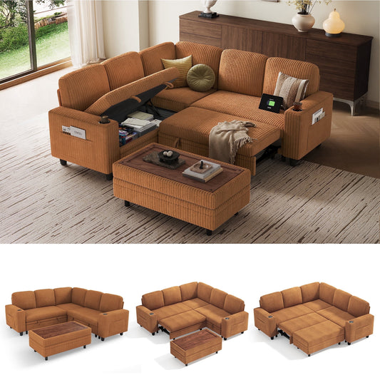 LINSY HOME Modular Sectional Sofa Bed, Pull Out Couch Bed with Storage Ottoman, Sectional Couches for Living Room, Brown