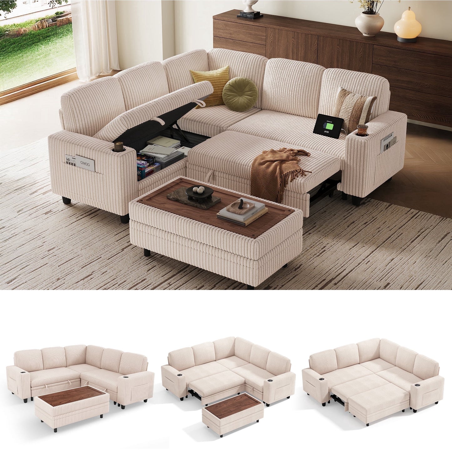 LINSY HOME 5 Seaters Sleeper Sofa Bed, Pull Out Couch Bed with Storage Ottoman, Sectional Couches for Living Room, Beige