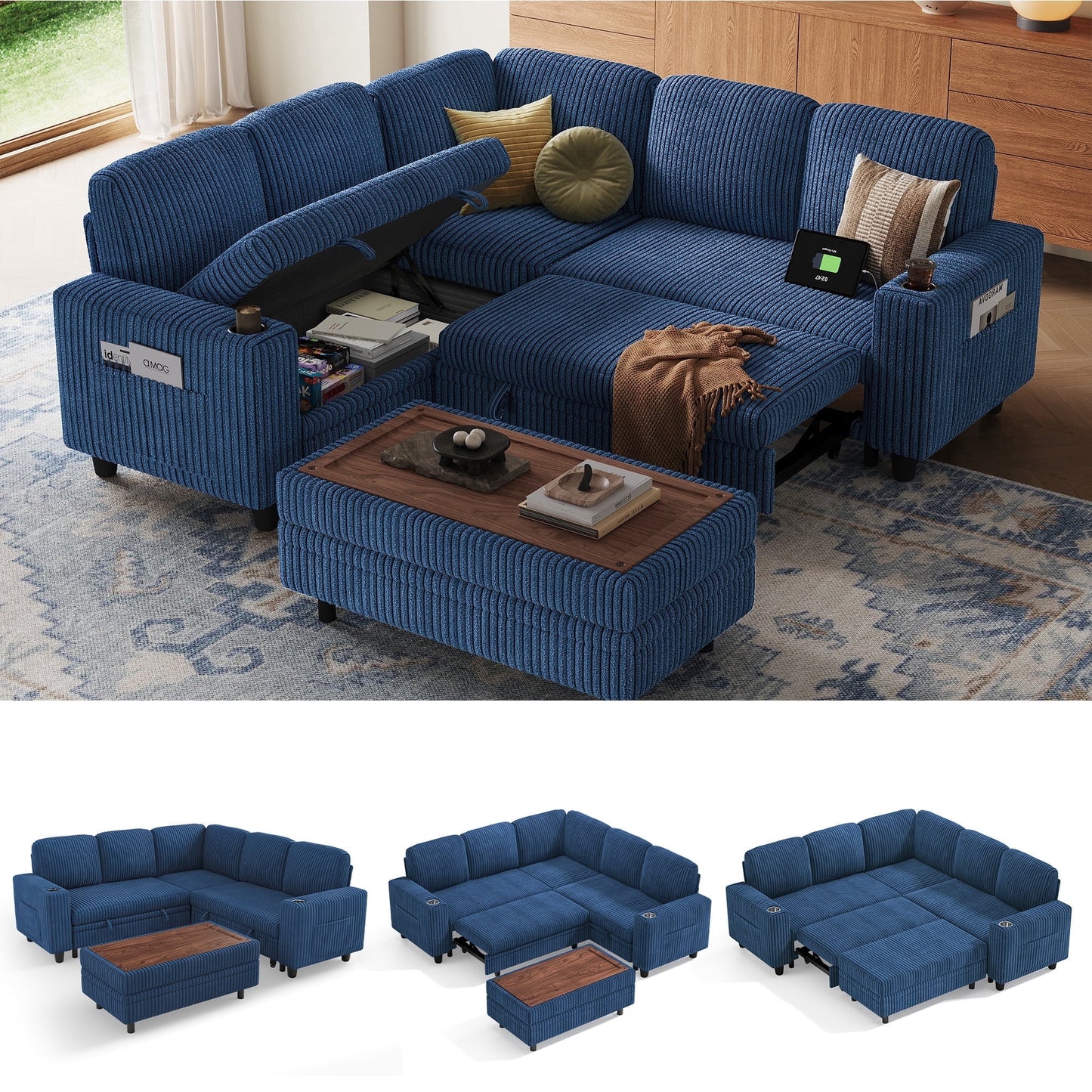 LINSY HOME Modular Sectional Sofa, Pull Out Couch Bed with Storage Ottoman, Sectional Couches for Living Room, Dark Blue