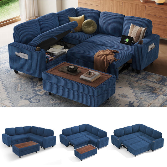 LINSY HOME Modular Sectional Sofa, Pull Out Couch Bed with Storage Ottoman, Sectional Couches for Living Room, Dark Blue