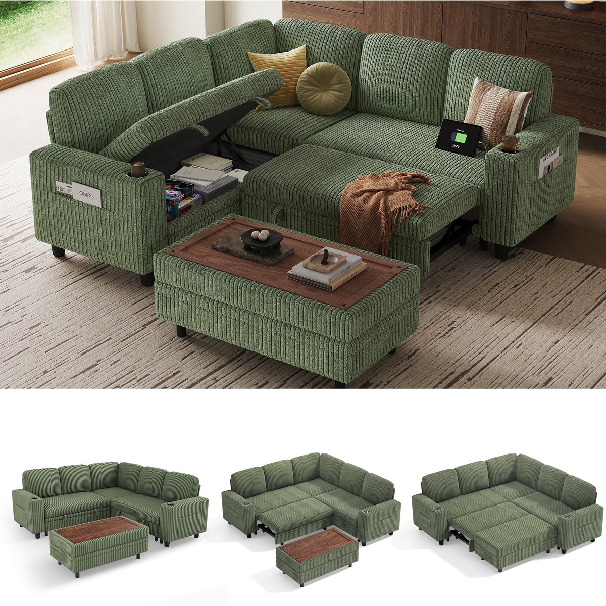 LINSY HOME 5 Seaters Sleeper Sofa Bed, Pull Out Couch Bed with Storage Ottoman, Sectional Couches for Living Room, Dark Green