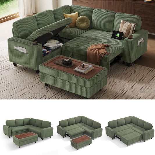 LINSY HOME 5 Seaters Sleeper Sofa Bed, Pull Out Couch Bed with Storage Ottoman, Sectional Couches for Living Room, Dark Green