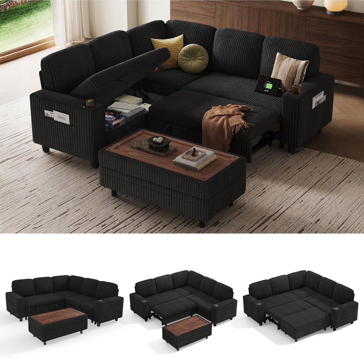 LINSY HOME 5 Seaters Sleeper Sofa Bed, Pull Out Couch Bed with Storage Ottoman, Sectional Couches for Living Room, Black