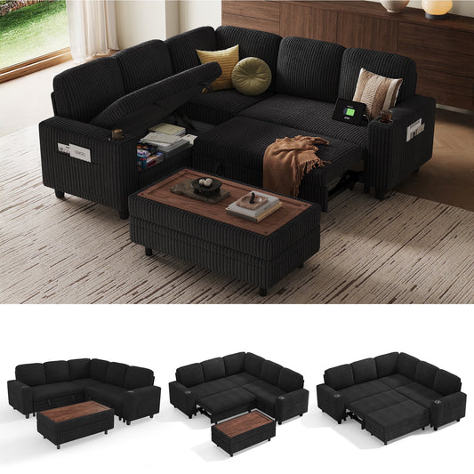 LINSY HOME 5 Seaters Sleeper Sofa Bed, Pull Out Couch Bed with Storage Ottoman, Sectional Couches for Living Room, Black