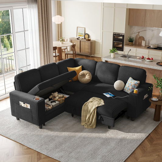 LINSY HOME L Shaped Sectional Couches for Living Room, Sleeper Sofa Bed with Storage Seat, Pull Out Couch Bed with Cup Holder, Black