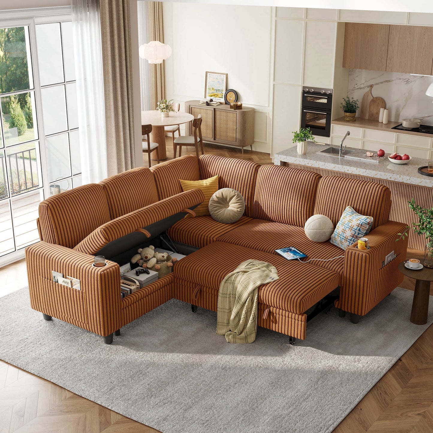 LINSY HOME L Shaped Sectional Couches for Living Room, Sleeper Sofa Bed with Storage Seat, Pull Out Couch Bed with Cup Holder, Brown