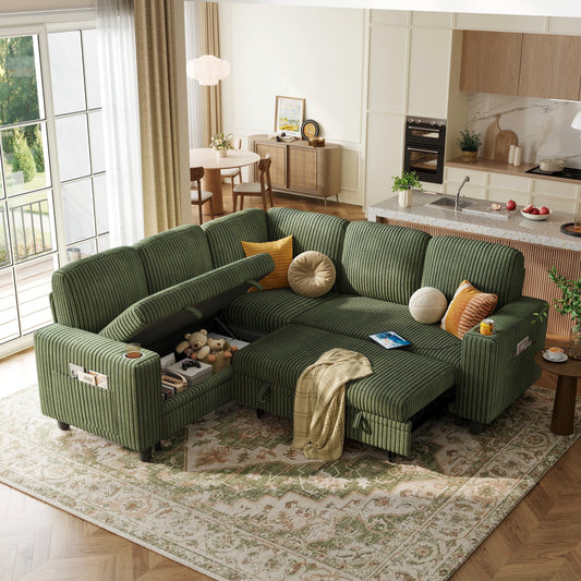 LINSY HOME Modular Sectional Sofa for Living Room, Sleeper Sofa Bed with Storage Seat, Pull Out Couch Bed with Cup Holder, Dark Green