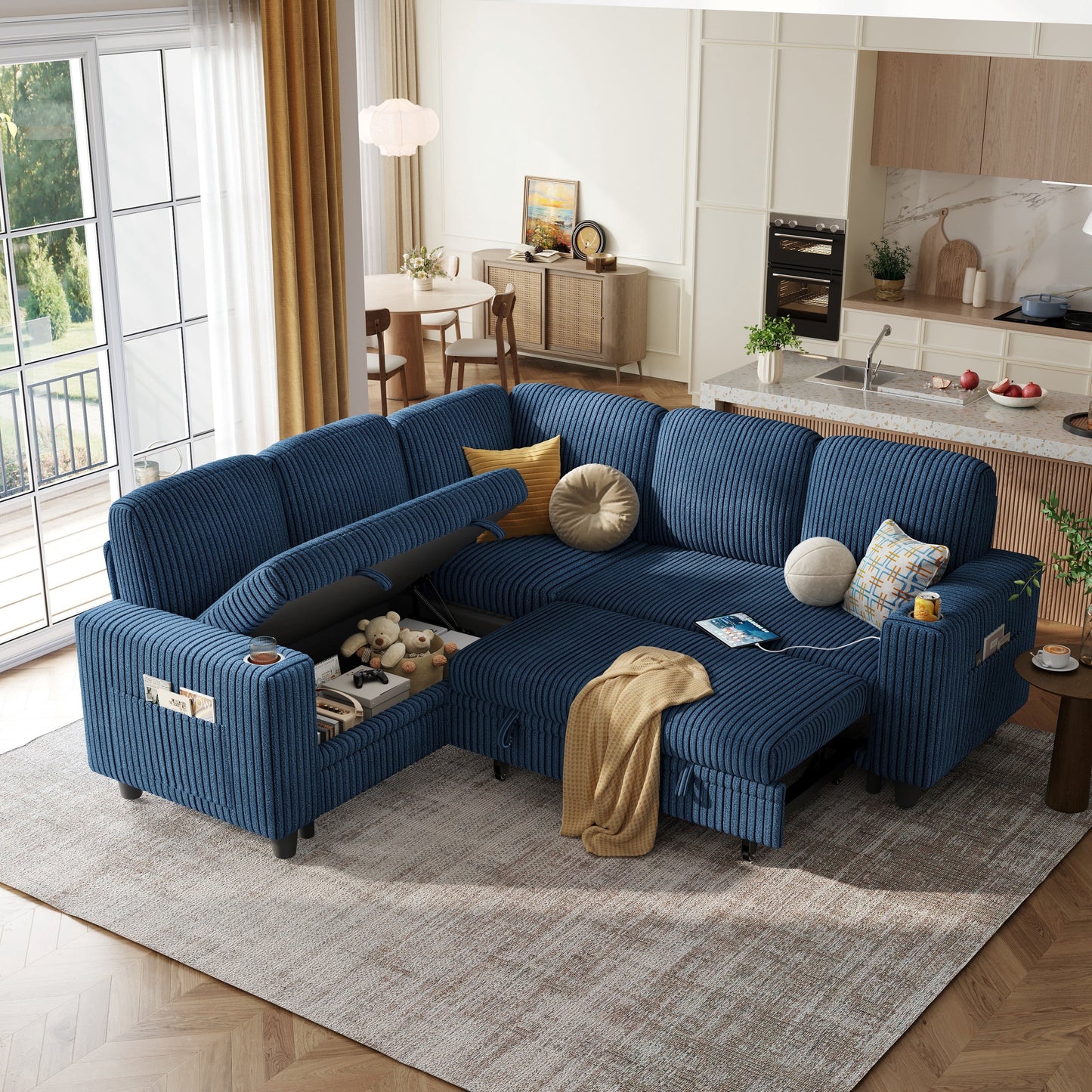 LINSY HOME L Shaped Sectional Couches for Living Room, Sleeper Sofa Bed with Storage Seat, Pull Out Couch Bed with Cup Holder, Dark Blue
