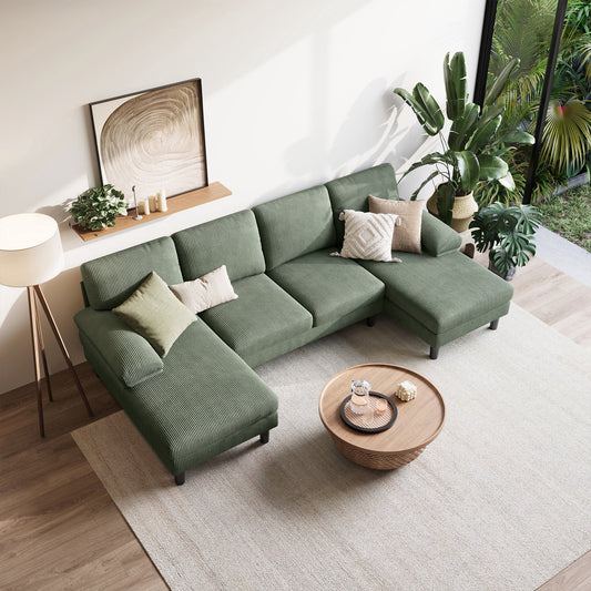 LINSY HOME Modular Sectional Sofa for Living Room, U-Shaped Sofa Couch with Corduroy Fabric, 4 Seat Sofa Set with Double Chaise for Apartment, Army Green