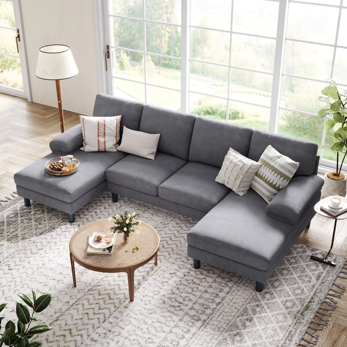 LINSY HOME Sectional Sofa for Living Room, U-Shaped Sofa Couch with Corduroy Fabric, 4 Seat Sofa with Double Chaise for Apartment, Dark Gray