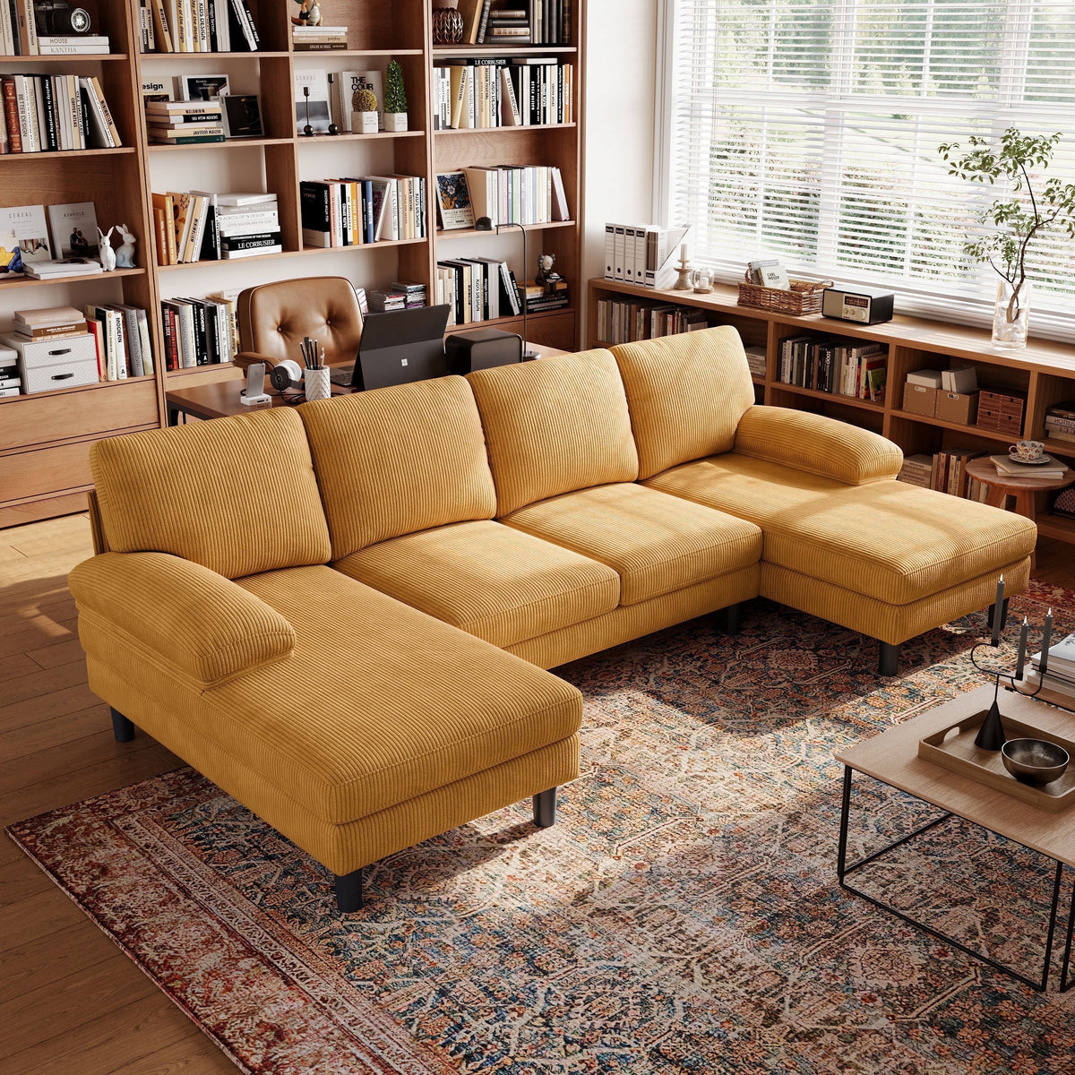 Linsy Home Sectional Sofa for Living Room, U-Shaped Sofa Couch with Corduroy Fabric, 4 Seat Sofa Set with Double Chaise for Apartment, Yellow