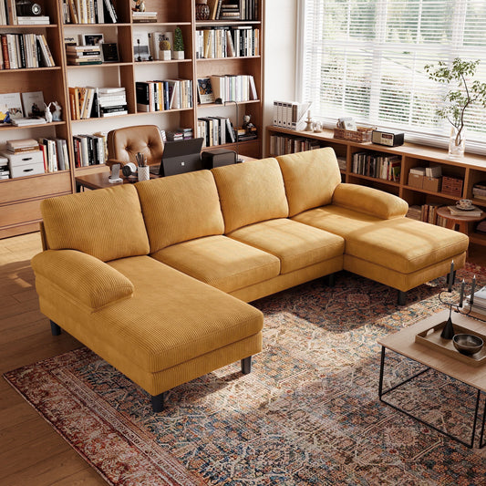 Linsy Home Sectional Sofa for Living Room, U-Shaped Sofa Couch with Corduroy Fabric, 4 Seat Sofa Set with Double Chaise for Apartment, Yellow