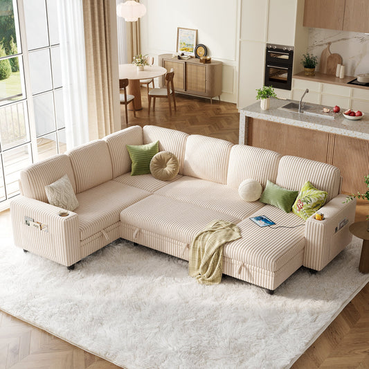 LINSY HOME Modular Sectional Sleeper Sofa with Pull Out Bed,  Sectional Sofa with with USB & Cup Holder for Living Room, Beige