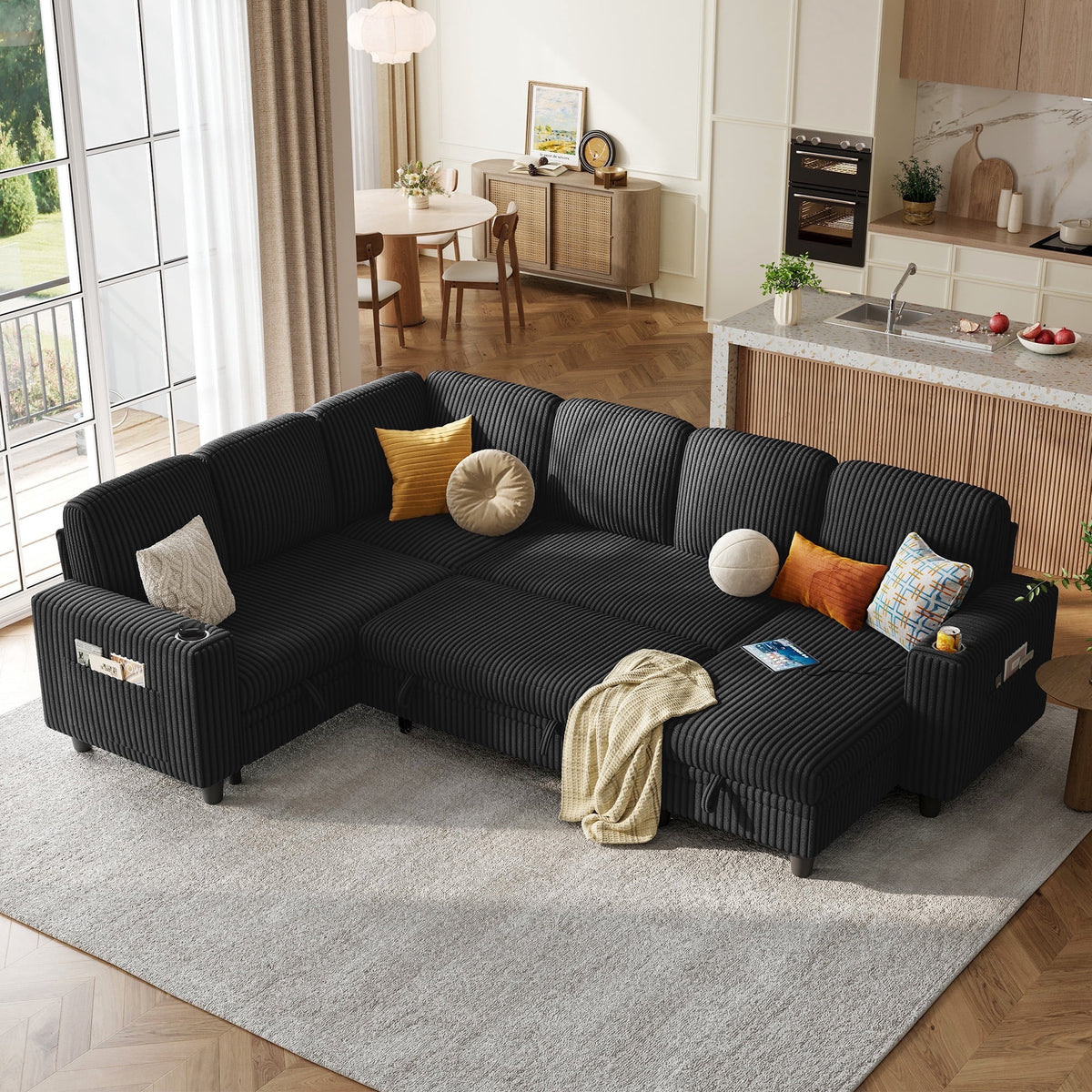 LINSY HOME 6 Seaters Sectional Sleeper Sofa with Pull Out Bed, Modular Sectional Sofa with with USB & Cup Holder for Living Room, Black