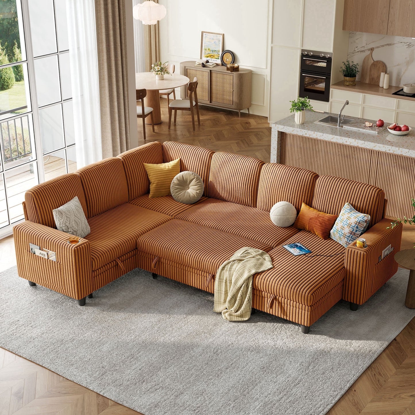 LINSY HOME Modular Sectional Sofa with Pull Out Bed, Modular Sectional Sofa with with USB & Cup Holder for Living Room, Brown
