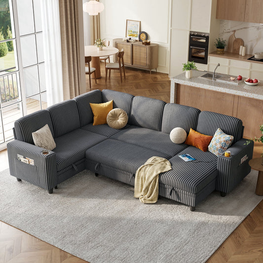 LINSY HOME 6 Seaters Sectional Sleeper Sofa with Pull Out Bed, Modular Sectional Sofa with with USB & Cup Holder for Living Room, Dark Gray