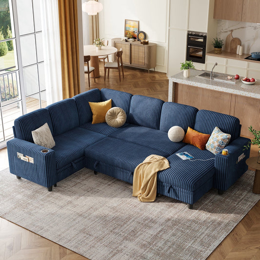 LINSY HOME Modular Sectional Sofa with Pull Out Bed, Modular Sectional Sofa with with USB & Cup Holder for Living Room, Dark Blue