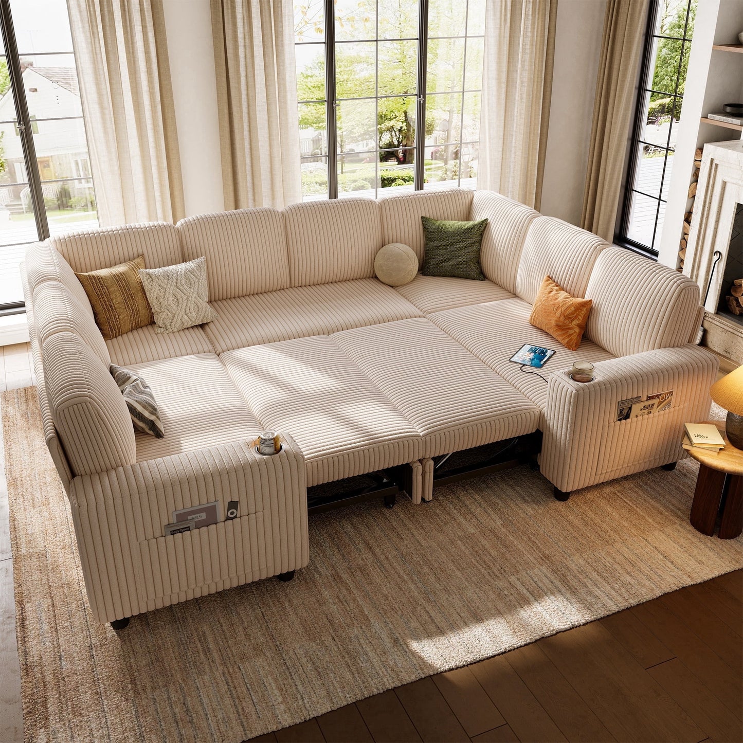 LINSY HOME U Shaped Modular Sectional Sofa for Living Room, Plush Corduroy Sectional Couches with USB & Cup Holder, Beige