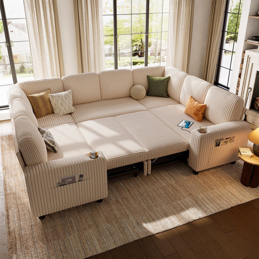 LINSY HOME U Shaped Modular Sectional Sofa for Living Room, Plush Corduroy Sectional Couches with USB & Cup Holder, Beige