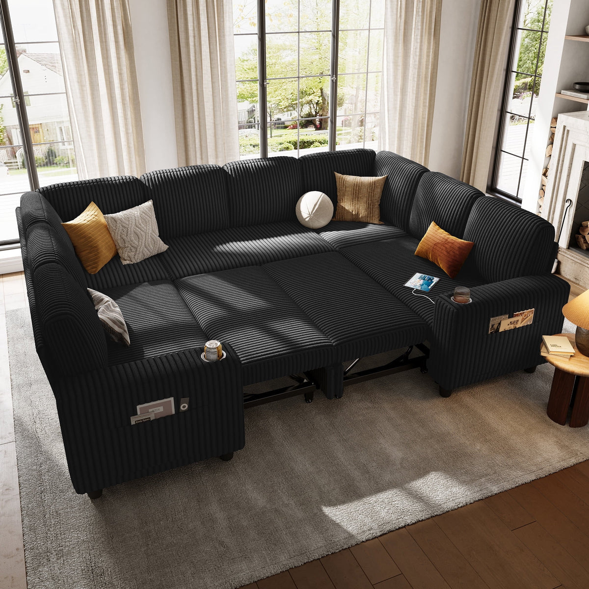 LINSY HOME U Shaped Modular Sectional Sofa for Living Room, Plush Corduroy Sectional Couches with USB & Cup Holder, Black