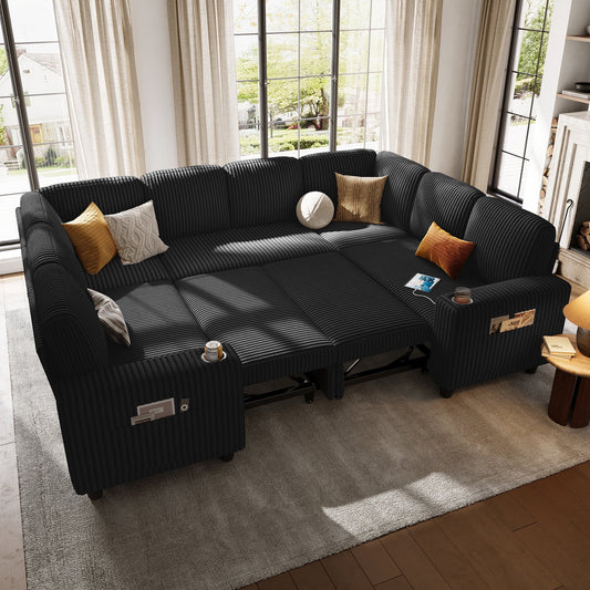 LINSY HOME U Shaped Modular Sectional Sofa for Living Room, Plush Corduroy Sectional Couches with USB & Cup Holder, Black