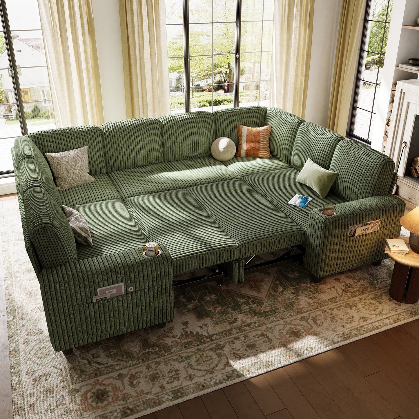 LINSY HOME U Shaped Modular Sectional Sofa for Living Room, Plush Corduroy Sectional Couches with USB & Cup Holder, Dark Green