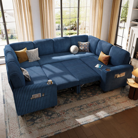 LINSY HOME U Shaped Modular Sectional Sofa for Living Room, Plush Corduroy Sectional Couches with USB & Cup Holder, Dark Blue