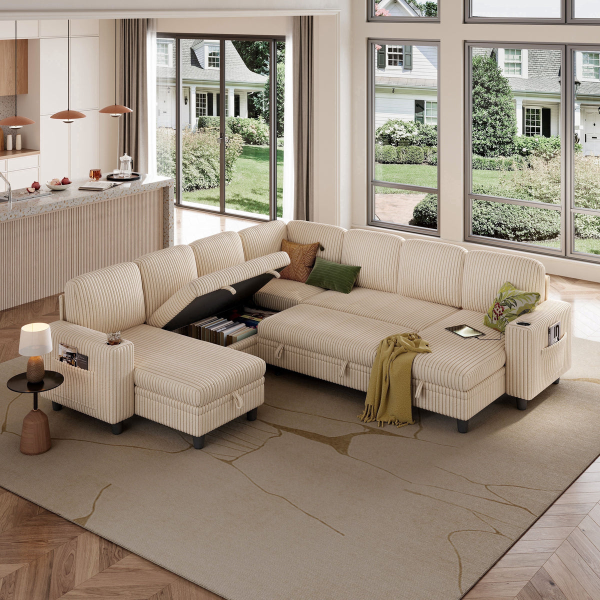 LINSY HOME 7 Seaters Modular Sectional Sofa, Plush Corduroy Sectional Couches, Sleeper Sofa with Pull Out Bed for Living Room, Beige