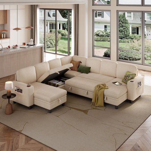 LINSY HOME 7 Seaters Modular Sectional Sofa, Plush Corduroy Sectional Couches, Sleeper Sofa with Pull Out Bed for Living Room, Beige