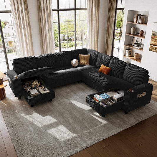 LINSY HOME 7 Seaters Modular Sectional Sofa, Plush Corduroy Sectional Couches, Sleeper Sofa with Pull Out Bed for Living Room, Black