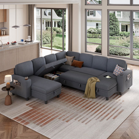 LINSY HOME 7 Seaters Modular Sectional Sofa, Plush Corduroy Sectional Couches, Sleeper Sofa with Pull Out Bed for Living Room, Dark Gray
