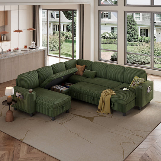 LINSY HOME Modular Sectional Sofa, Plush Corduroy Sectional Couches, Sleeper Sofa with Pull Out Bed for Living Room, Dark Green
