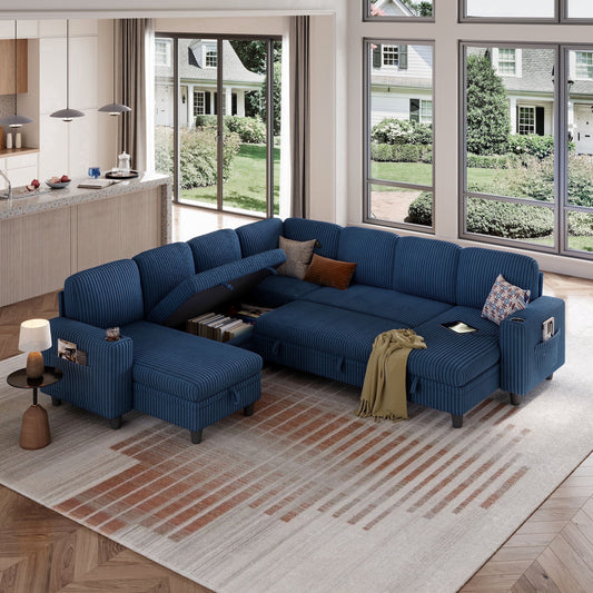 LINSY HOME Modular Sectional Sofa, Plush Corduroy Sectional Couches, Sleeper Sofa with Pull Out Bed for Living Room, Dark Blue