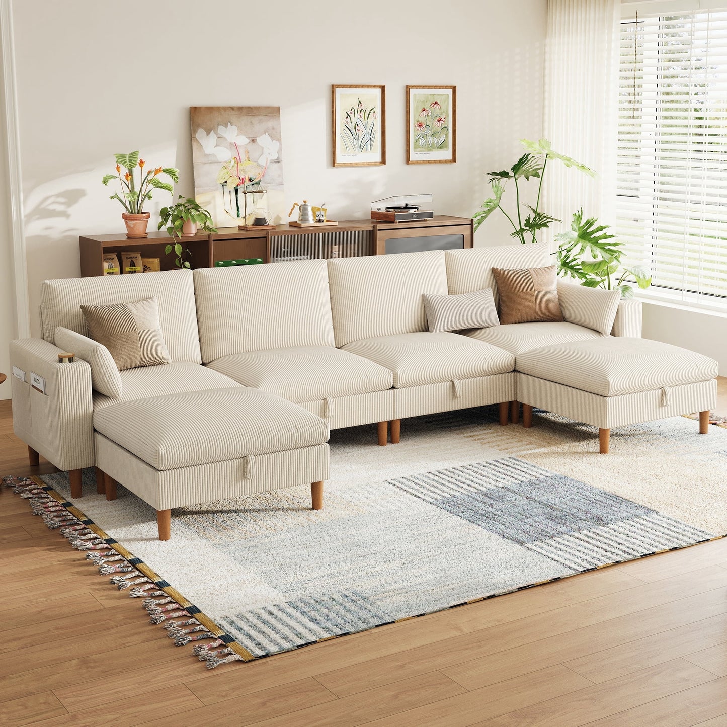 LINSY HOME 142in U shape Modular Sectional Sofa with 2 Movable Ottomans, Corduroy 4-Seat Deep Seat Couches with USB Charging Port, Side Pocket & Cup Holder for Living Room Apartment Office