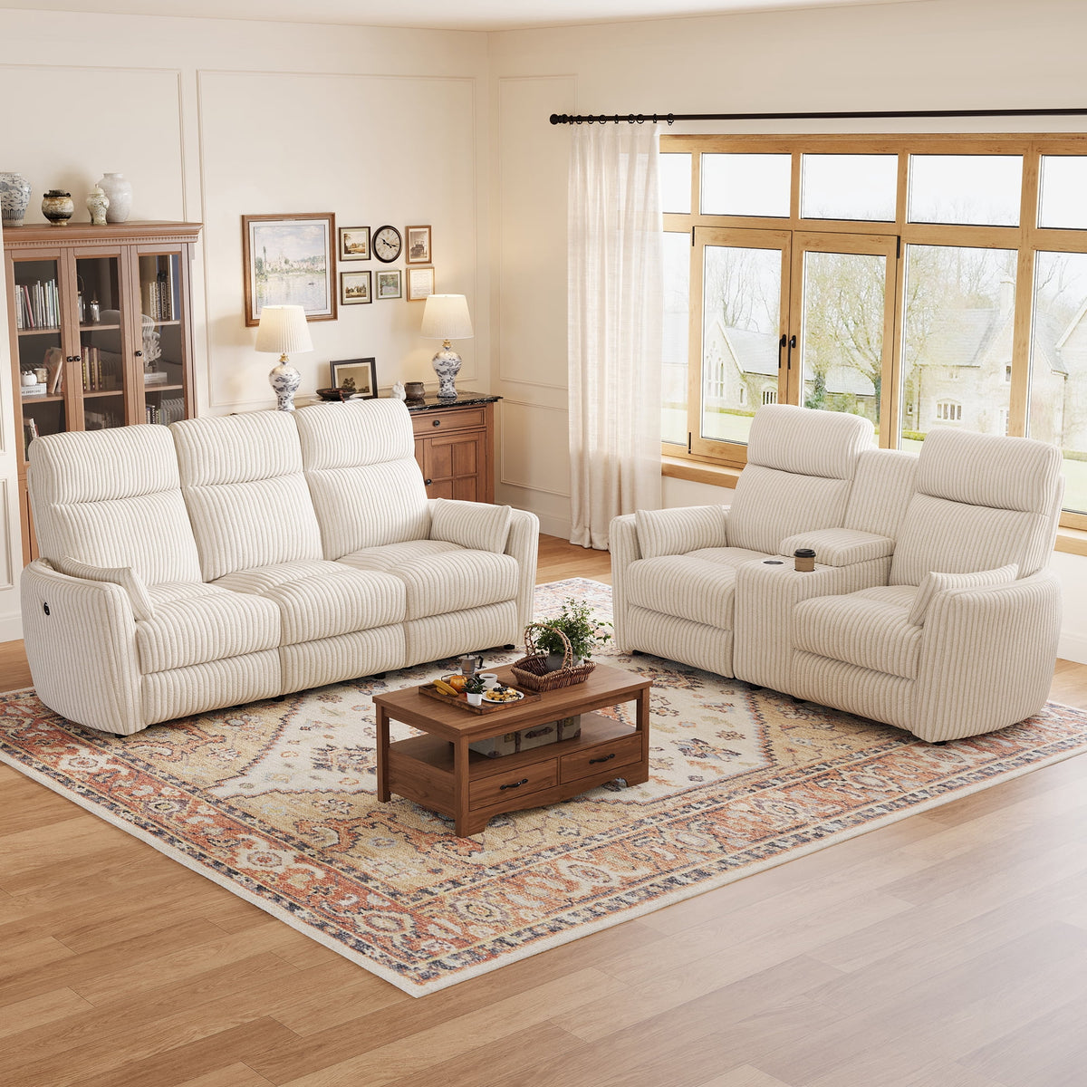 LINSY HOME 2-Piece Manual Recliner Sofa Set with Flip-Down Console & Hidden Storage, Reclining Loveseat and Wide 3-Seater Recliner Chairs Sofa for Living Room (Beige Corduroy)