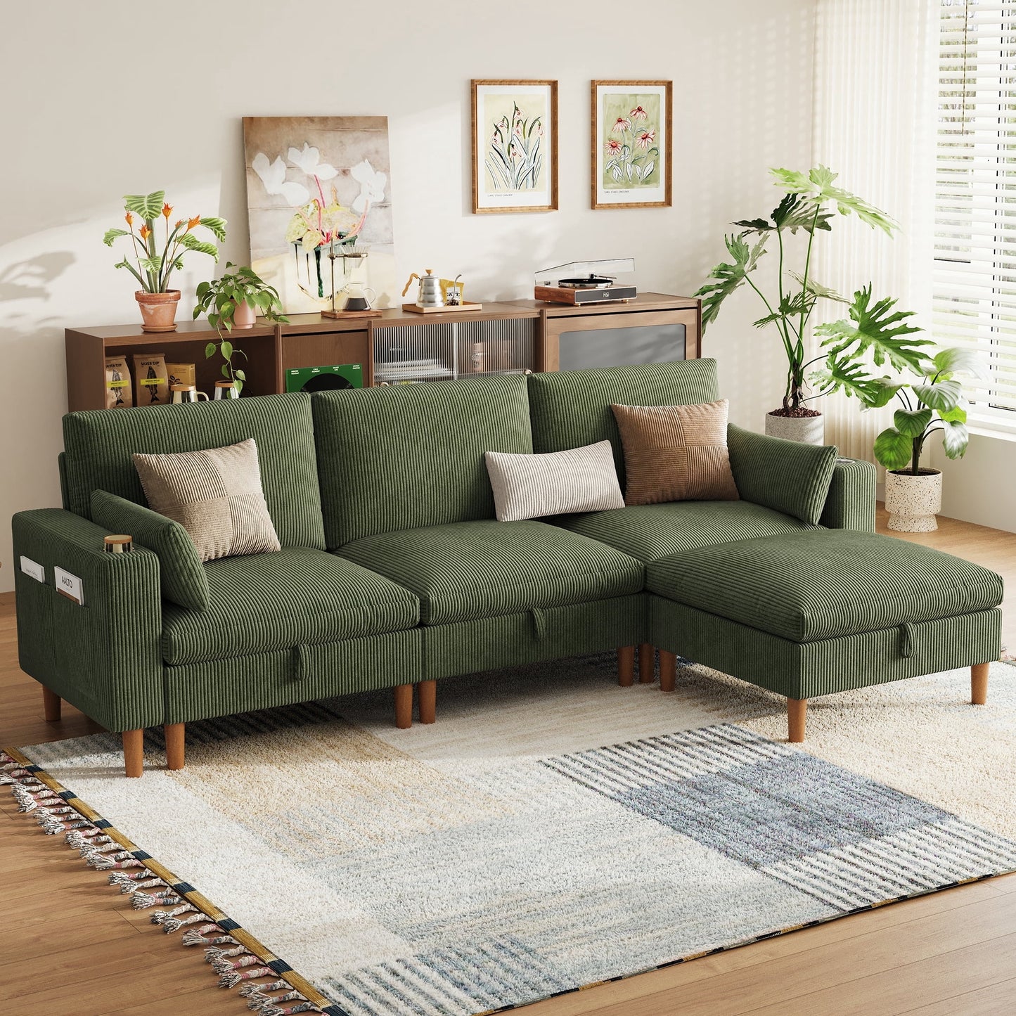 LINSY HOME 110in Modular Sofa L-Shaped Sectional Couch with 1 Ottoman, Comfy Deep 3-Seat Corduroy Sofa with Storage, Cup Holder, Side Pocket & USB Charging for Living Room