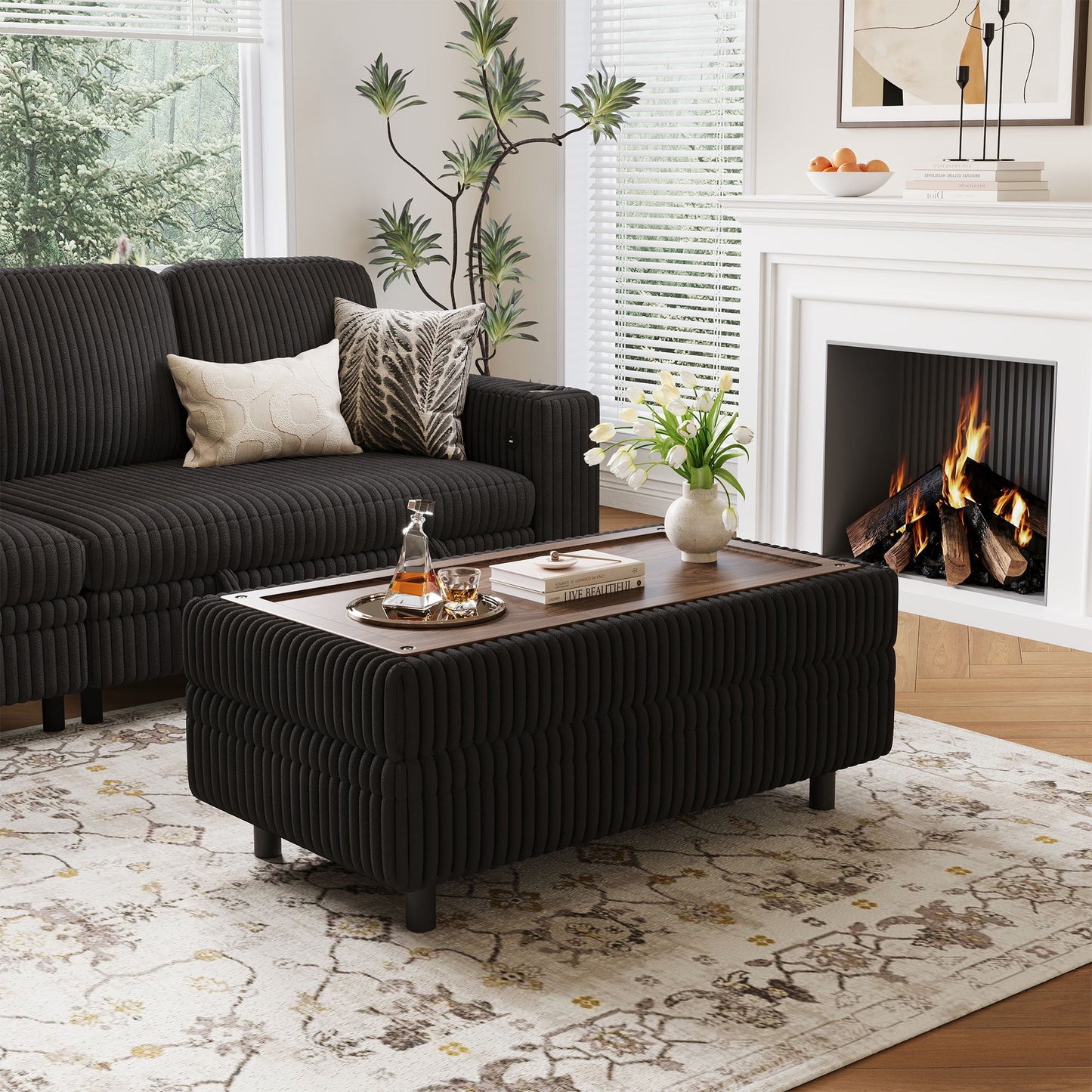 Linsy Home Plush Corduroy Storage Ottoman, Upholstered Ottoman Bench for Sofa, Coffee Table or Footrest, for Living Room, Bedroom or Entryway
