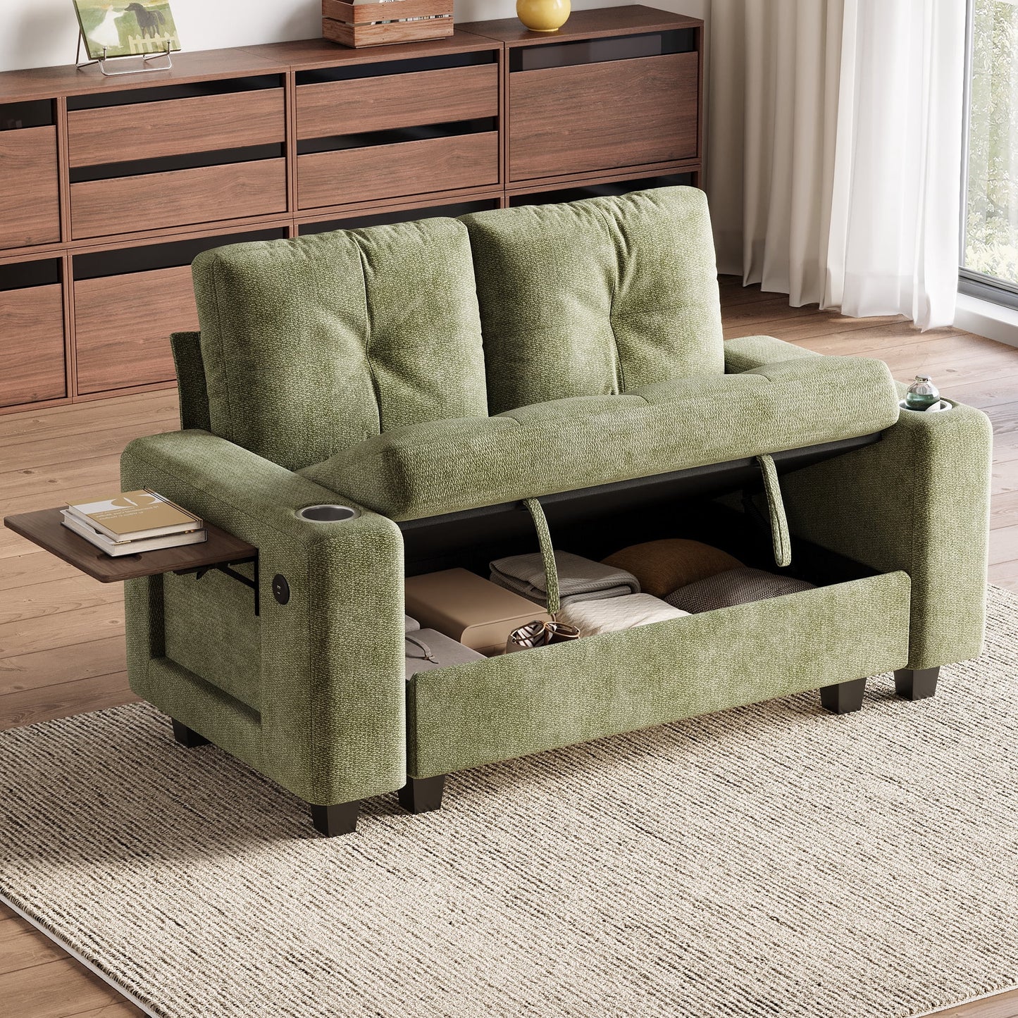 LINSY HOME 57.4in Modular Sectional Loveseat Sofa with Storage & Foldable Side Table for Small Spaces, 2-Seat Sofa with USB Charging for Living Room, Chenille Green