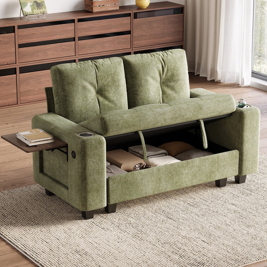 LINSY HOME 57.4in Modular Sectional Loveseat Sofa with Storage & Foldable Side Table for Small Spaces, 2-Seat Sofa with USB Charging for Living Room, Chenille Green