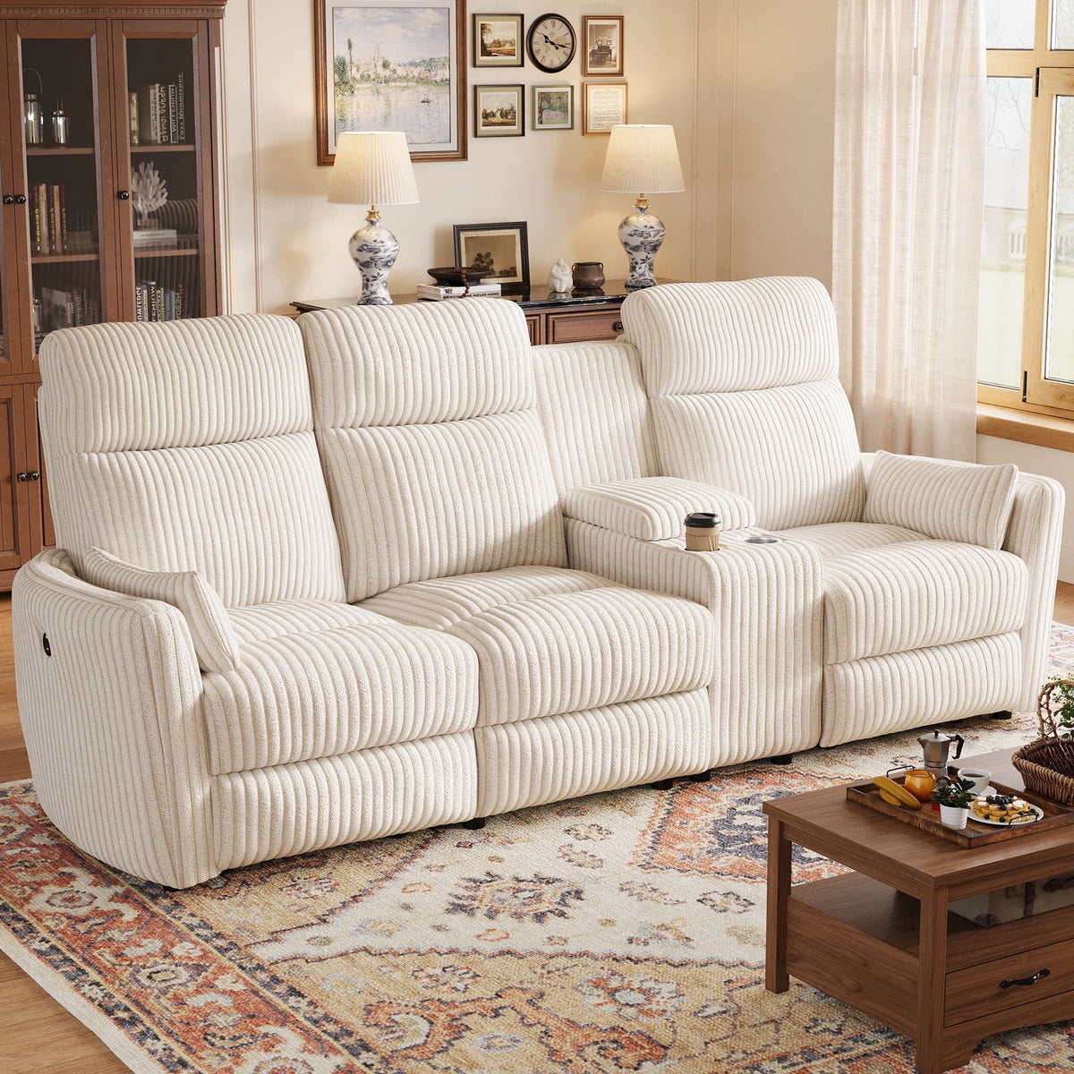 LINSY HOME 90in Manual Recliner Sofa with Flippable Console, 3-Seat Modular Sectional with Hidden Storage, Home Theater Couch for Living Room, Game Room (Beige Corduroy)