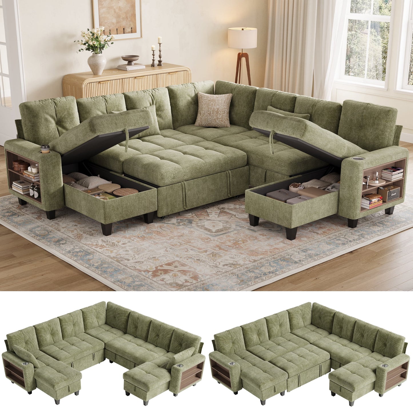 LINSY HOME 107in Modular Sectional Sofa with Pull Out Bed, Multi-functional Armrest & Storage Chaise, 7-Seat Pull Out Couch with Shelves, USB Ports & Cup Holders, Chenille Green