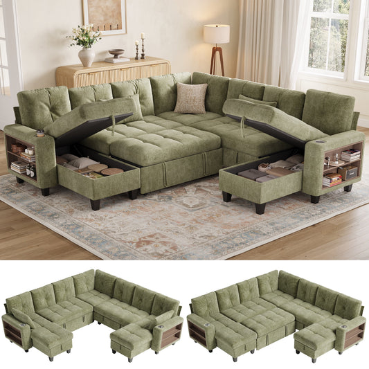 LINSY HOME 107in Modular Sectional Sofa with Pull Out Bed, Multi-functional Armrest & Storage Chaise, 7-Seat Pull Out Couch with Shelves, USB Ports & Cup Holders, Chenille Green